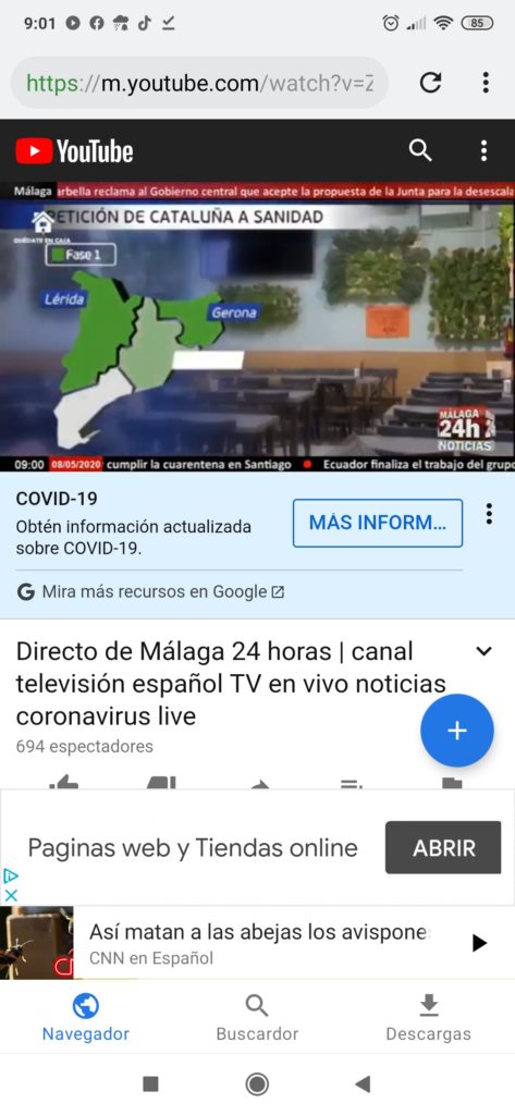 Vista frontal de la aplicación, el botón más nos permite realizar acciones como la descarga del audio o el vídeo.